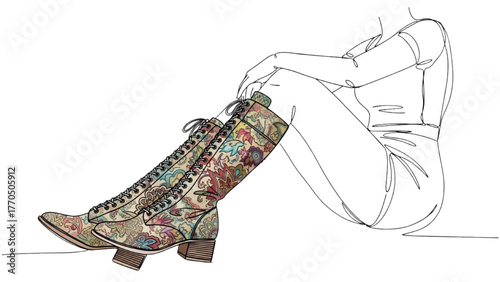 Minimalist Footwear Art on White Background - Model Wearing Colorful Designer Knee-High Boots