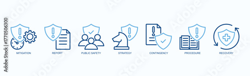 Strategic Shield Icon Set Isolated Vector Illustration Concept With Icon Of Mitigation, Report, Public Safety, Strategy, Contingency, Procedure, Recovery In Two Color Outline Style