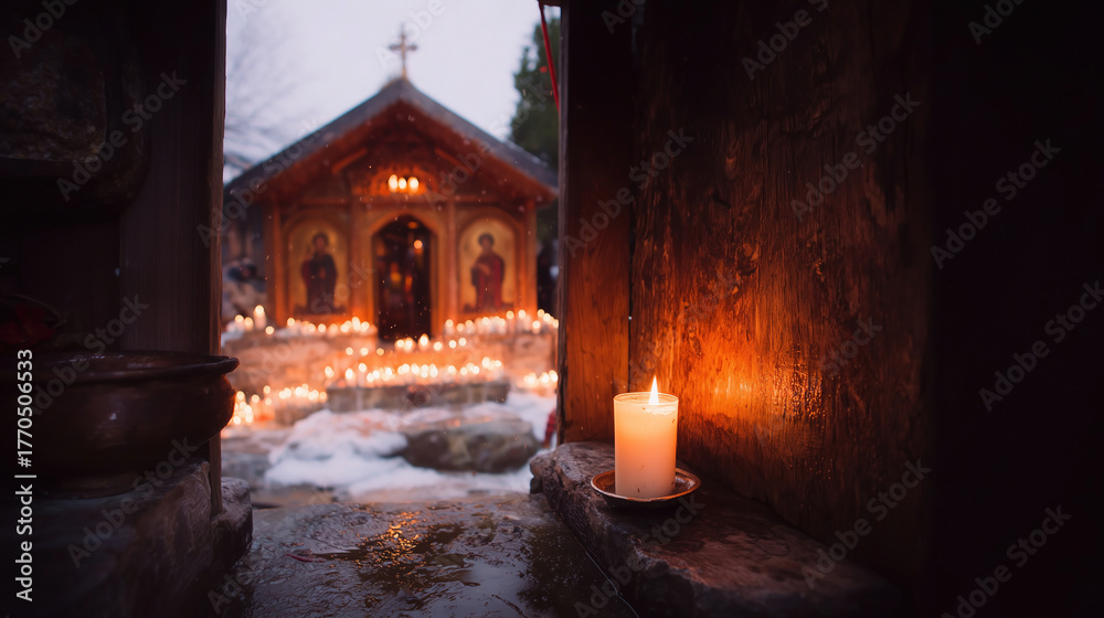 Naklejka premium Celebrations of Epiphany Day in Orthodox Christianity with candlelight and winter scenery at a church