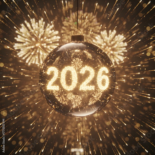 Abstract Crystal Ball Drop with 2026 Reflected
