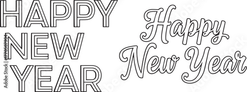 Two distinctive "Happy New Year" outline typography designs. 
