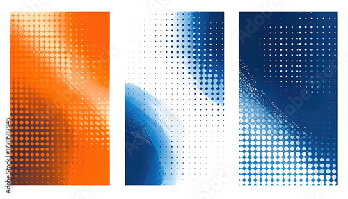 Three abstract digital art panels with halftone dots and blurred color gradients