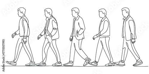 Continuous line drawing of men walking in sequence capturing motion and form vector
