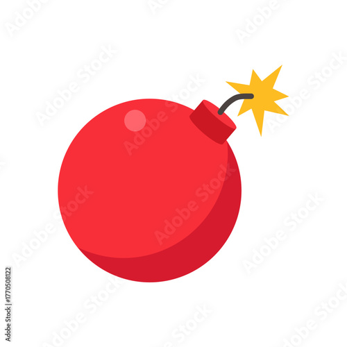 Bright red spherical explosive bomb with lit fuse and yellow fire spark simple flat design vector illustration