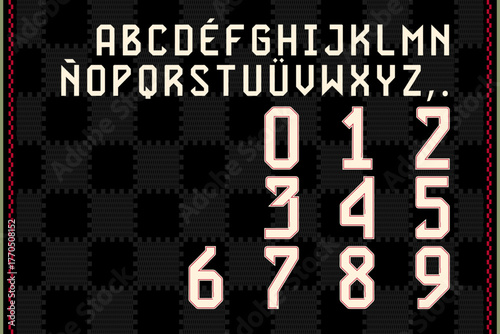 Contemporary geometric typeface with angular cuts and racing-inspired energy. Includes uppercase letters, accents, and outlined numerals. Ideal for fashion graphics, textile layouts, or logo design