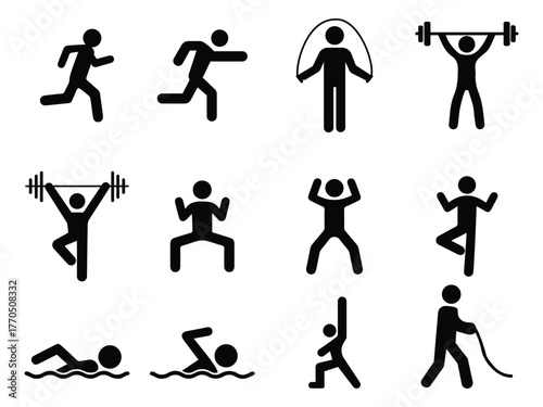 A collection of black silhouette icons showing various fitness and gym exercises including running, jumping, lifting, swimming, and yoga poses.