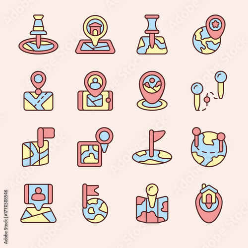 Colorful filled outline icon collection illustrating map navigation concepts. Set of location pins, GPS markers, and destination symbols for web and mobile