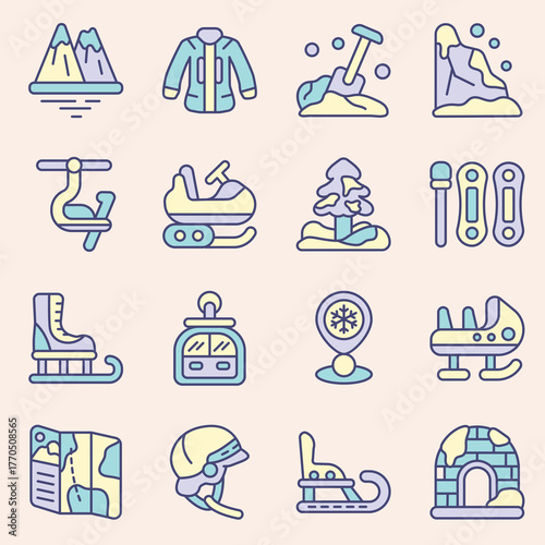 Winter Season Icons A Collection of Mountain, Sledding, and Snow Activities for Holiday Travel and Vacation Designs