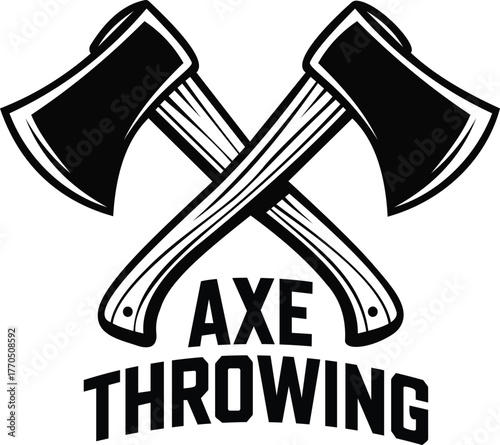 Black and white vector illustration of two crossed axes with the words “Axe Throwing” below. Bold, vintage-style emblem or logo design for axe throwing clubs, lumberjack events, outdoor sports, or adv