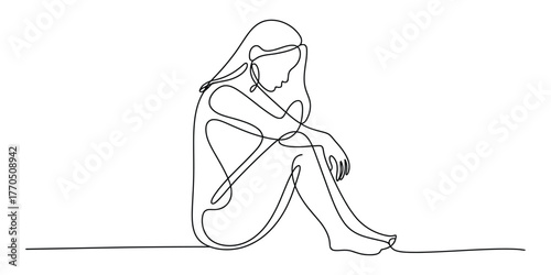 Minimalist continuous line drawing of a woman sitting alone in thoughtful pose vector