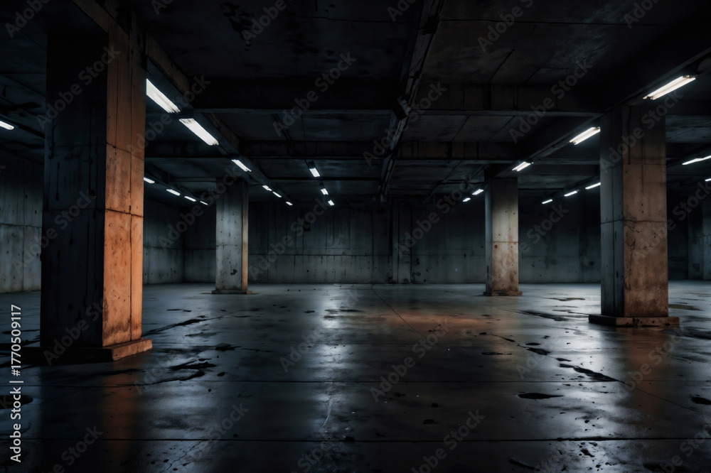 Obraz premium Empty grunge concrete parking garage with columns, lamps