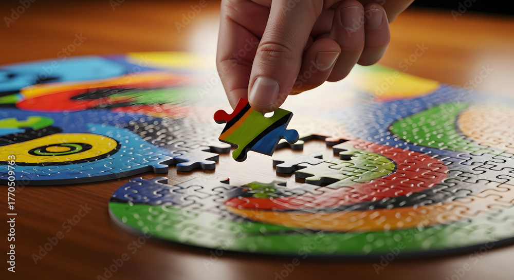 Obraz premium Hand placing the final piece of a colorful abstract jigsaw puzzle