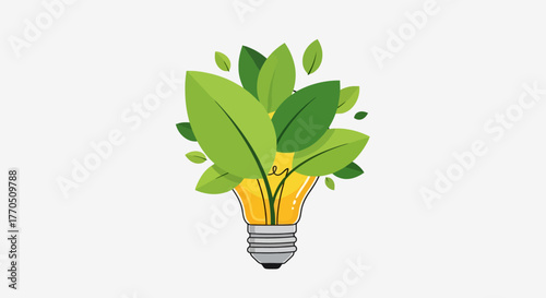 Green Energy Concept Illustration Featuring Light Bulb and Leaves, Symbolizing Sustainable Solutions for Environmental Conservation and Renewable Resources