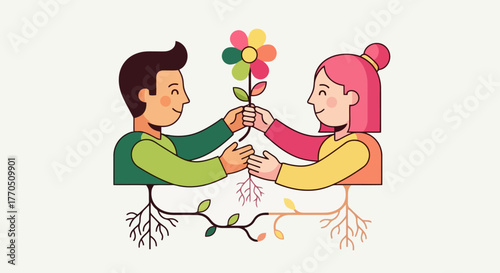 Illustrated representation of connection and growth depicting a man and woman sharing a flower, suitable for conveying themes of partnership, support, and mutual development