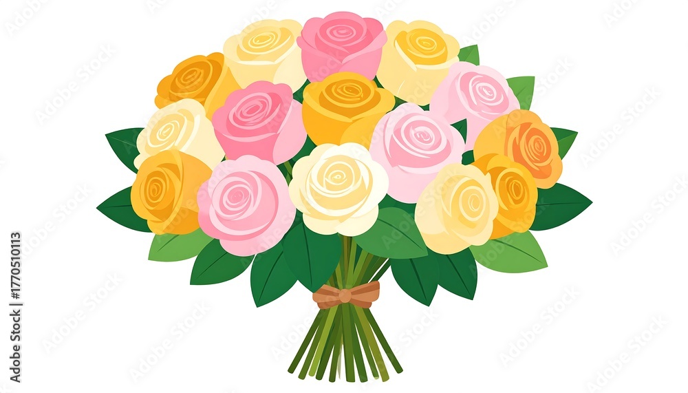 Fototapeta premium Bouquet of pink, yellow, and white roses tied with a bow, against a white background
