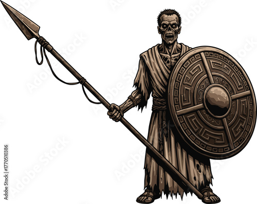 Ancient undead warrior holding spear and Greek shield, horror fantasy vector illustration, zombie soldier, dark mythological art, game character design, Halloween, spooky battle scene.