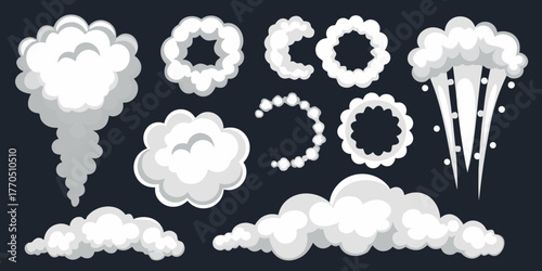 Collection of stylized cartoon smoke and cloud effects for animation and design elements