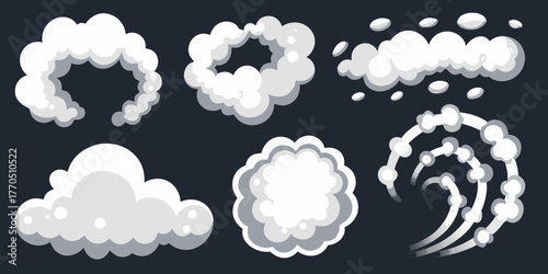 Collection of stylized cartoon smoke and cloud effects for animation and design