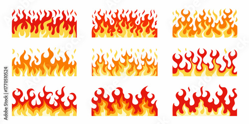 Collection of nine stylized flat design flame borders in red yellow and orange colors