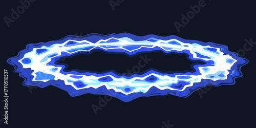 Abstract oval shape with jagged blue and white energy layers on a dark background