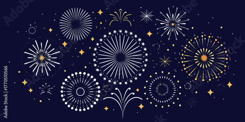 Festive dark blue background with stylized white and gold fireworks and sparkling stars
