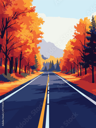 Scenic Road Through Autumn Forest with Mountains in Background