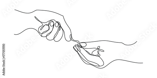 Minimalist continuous line drawing of two hands connecting with a delicate thread vector