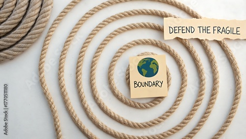 Concentric rope circles enclosing a world map with the word Boundary