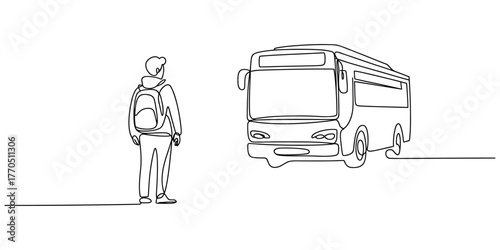 Minimalist continuous line drawing of a person with a backpack and a bus vector