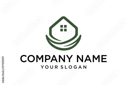 Minimalist Green House and Leaf Logo Design for Eco-Friendly Real Estate or Sustainable Home Branding