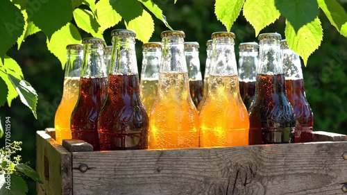 Refreshing Glass Bottles of Colorful Soft Drinks in a Wooden Crate Surrounded by Green Leaves on a Sunny Day
