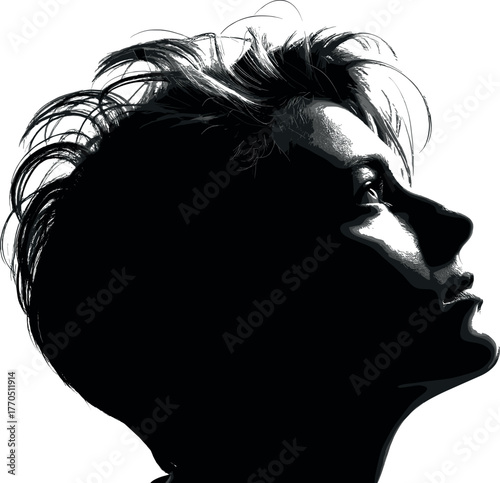 Artistic black and white portrait of person looking up, dramatic lighting, emotional expression, moody silhouette, modern fine art photography concept.
