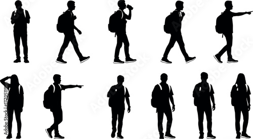 Backpack-wearing people silhouettes, casual poses and gestures, black vector illustration set, lifestyle concept, youth travel, motion design reference