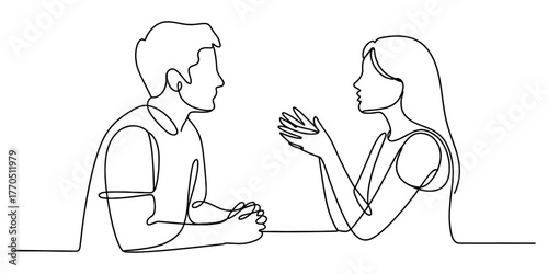 Continuous line drawing of two people in profile facing each other talking vector
