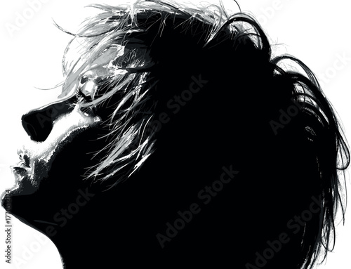 Black and white artistic portrait of person looking upward, dramatic lighting, moody emotion, detailed hair texture, modern fine art photography.