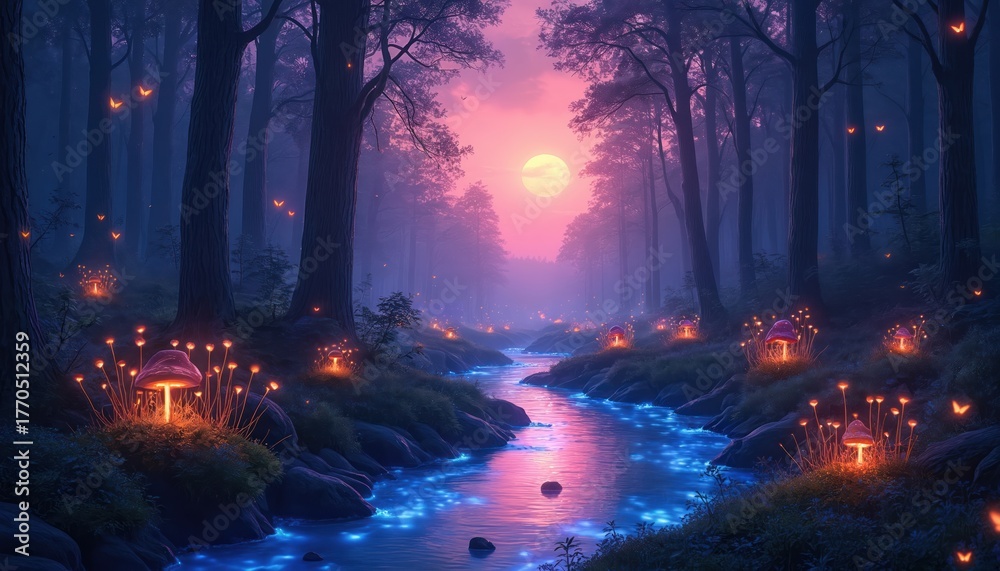 Fototapeta premium Magical forest at twilight with glowing mushrooms and fireflies. A stream reflects pink and purple sky colors. Enchanted nature scene with moonlit water flow. Peaceful wilderness atmosphere.