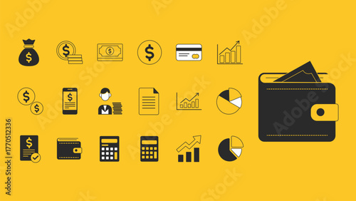 Finance and money icons on yellow background, wallet, credit card, calculator.