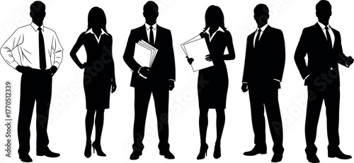 Business professionals silhouettes, formal attire, corporate team standing, black vector illustration, confident pose, teamwork concept, office staff graphic