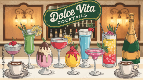 Restaurant menu design elements with fresh summer fruit, cold cocktail drinks, and wine glasses on a bar table