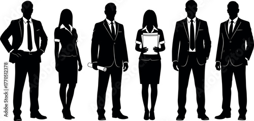 Business professionals silhouettes, formal attire, corporate team standing, black vector illustration, confident pose, teamwork concept, office staff, leadership symbol