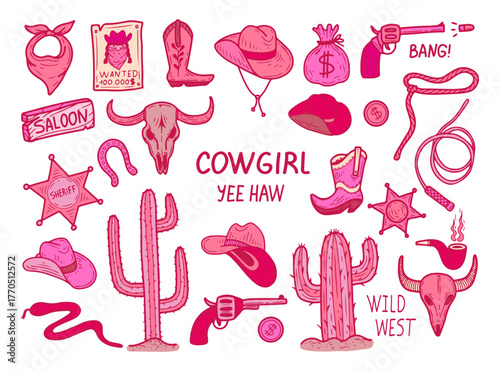 Large cowgirl set. Hand drawn flat vector. Pink Wild West elements. Woman hat, whip, boots. Buffalo skull, snake. Cacti. Gun. Western illustration.