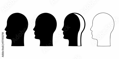 Four stylized human head profiles in silhouette and outline showing different levels of detail and contrast