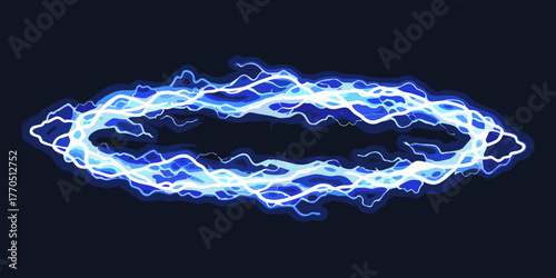 Abstract blue electric energy ring with glowing lightning bolts on a dark background
