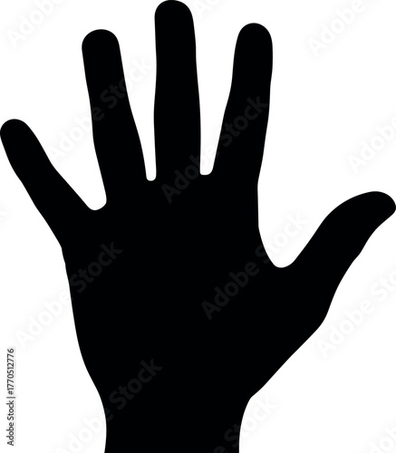 Human hand silhouette, left hand upright, fingers spread, black vector illustration, gesture symbol, design template, educational graphic, isolated art