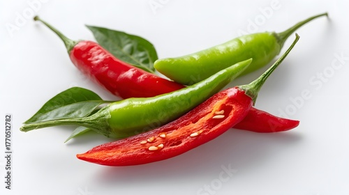 Fototapeta Naklejka Na Ścianę i Meble -  Brightly colored whole and sliced chili peppers with green leaves rest on a clean white surface
