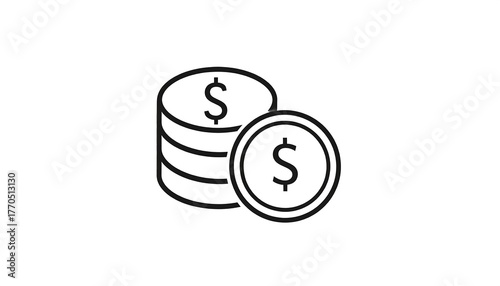 Black and white linear graphic of a stack of circular coins with dollar signs. A single coin rests beside the stack