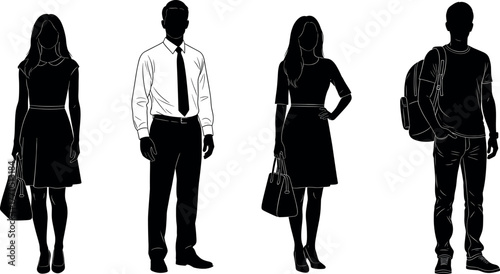 Silhouette of diverse business people and casual man standing together, teamwork, office professionals, corporate group, modern lifestyle illustration