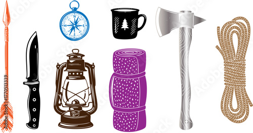 Camping essentials gear illustration for outdoor adventure and survival equipment