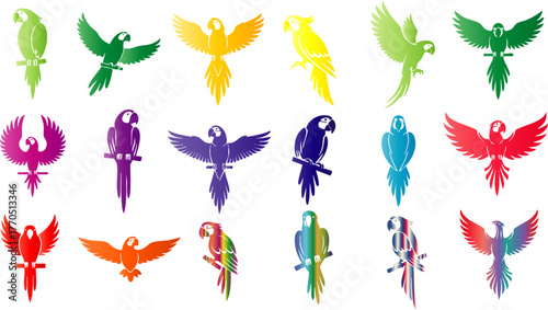 Colorful parrots in various poses against a black background tropical bird theme