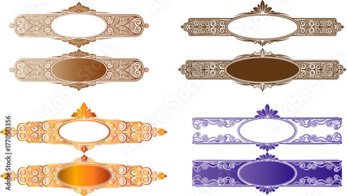 Ornate decorative banners with abstract designs against a dark black background